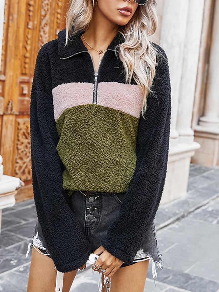 Color Matching Plush Half-zip Lapel Sweatshirt