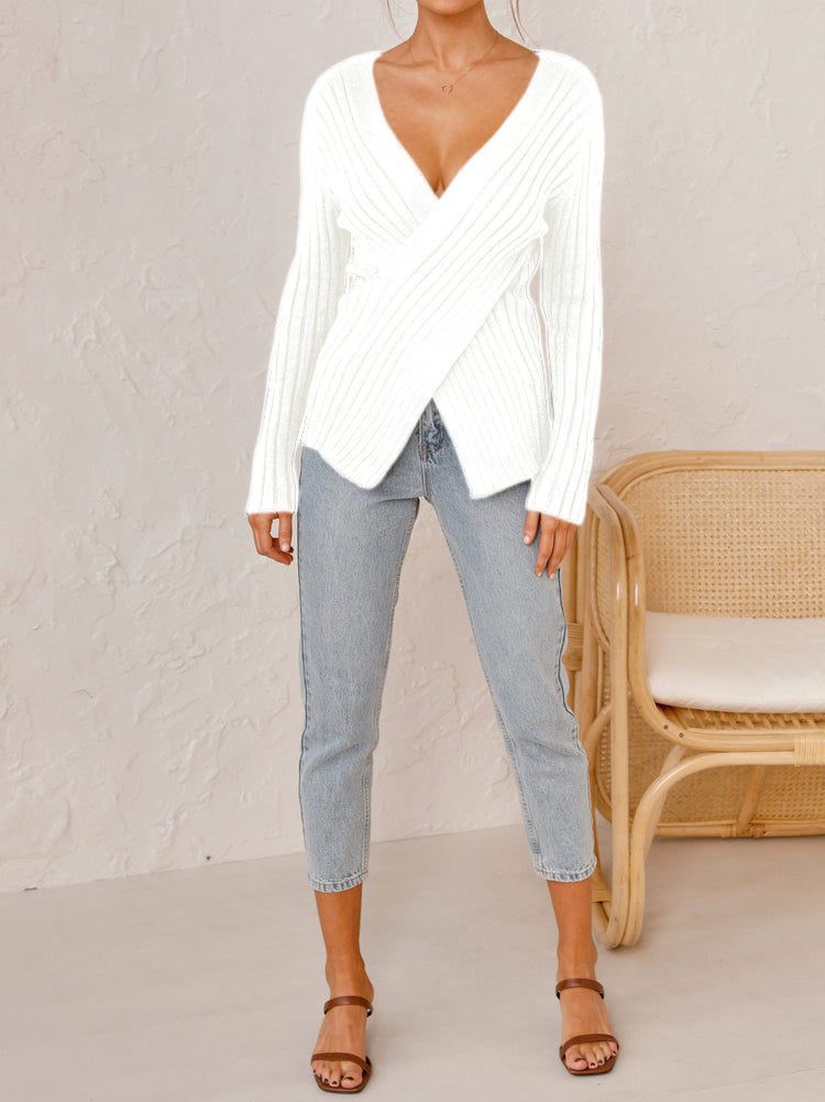 Cross V Neck Long Sleeve Knitted Sweater Top