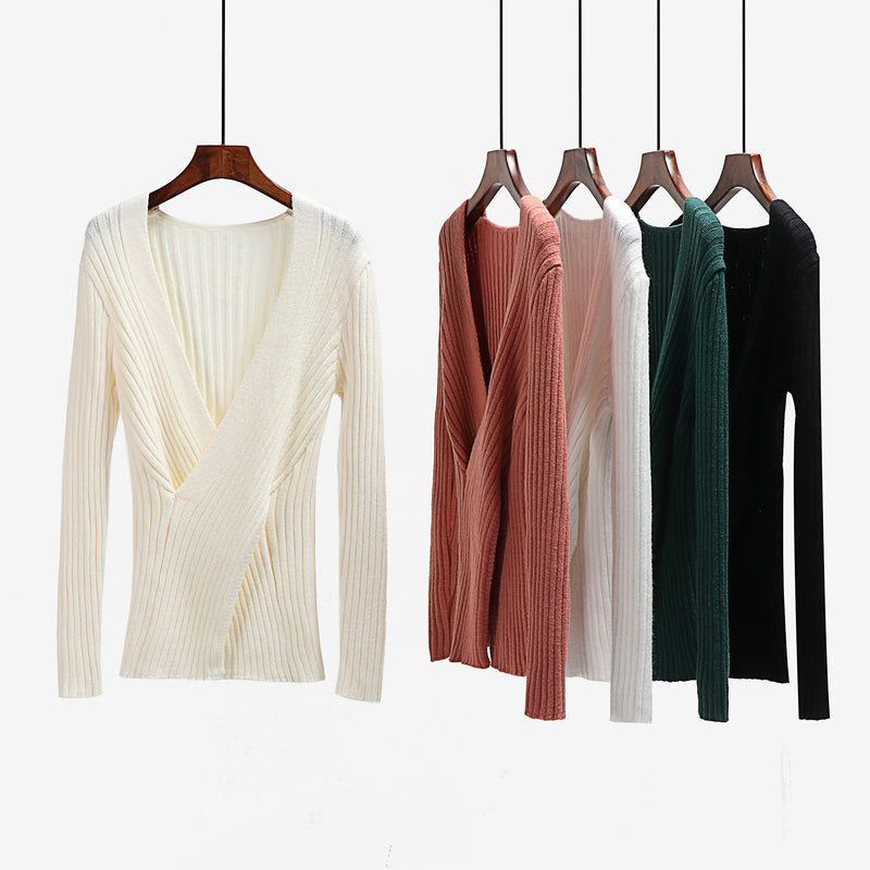 Cross V Neck Long Sleeve Knitted Sweater Top