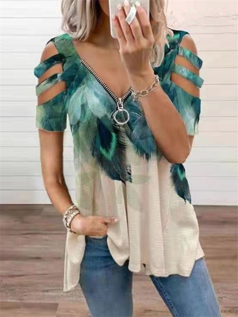 Casual Zip Up Short Sleeve Blouse Top