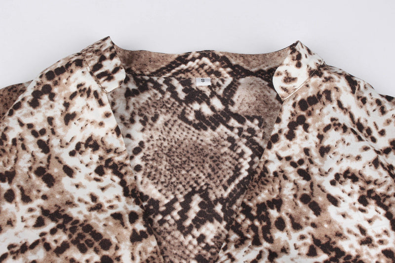 Leopard Printed Deep V-neck Long Sleeves Blouse Top