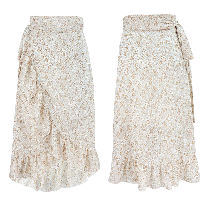 Floral Print Wrap Ruffle  High Waist Flowy Midi Skirt with Slit