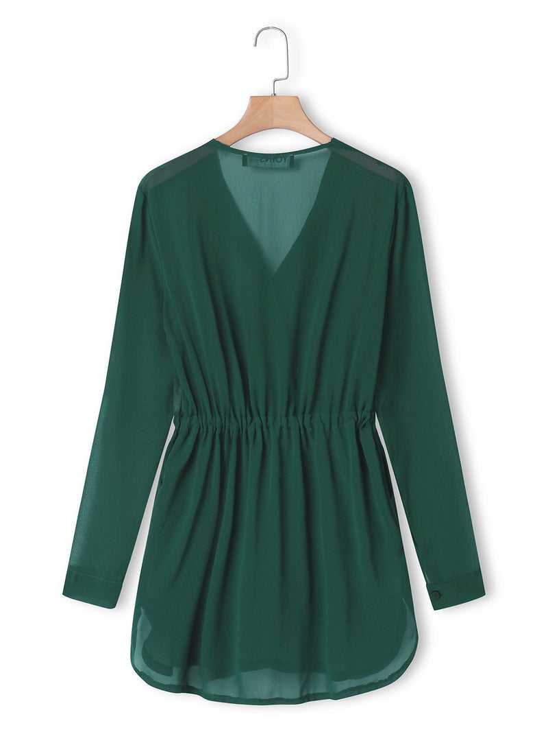 Green V-neck Drawstring Waist 3-4 Length Sleeves Dress with See-through Design - Landing Closet