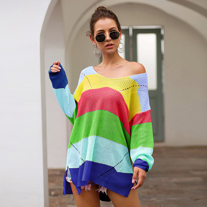 V Neck Color Block Striped Sweater