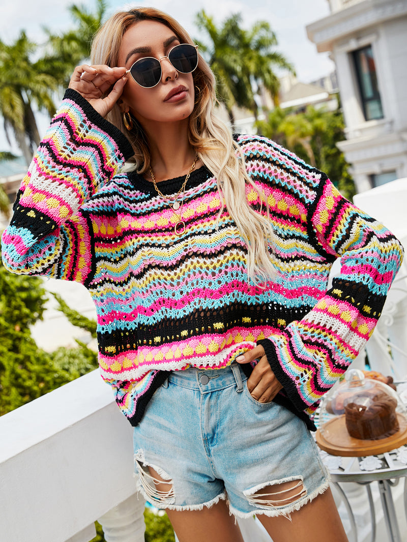 Rond Neck Colorful Knit Long Sleeve Sweater