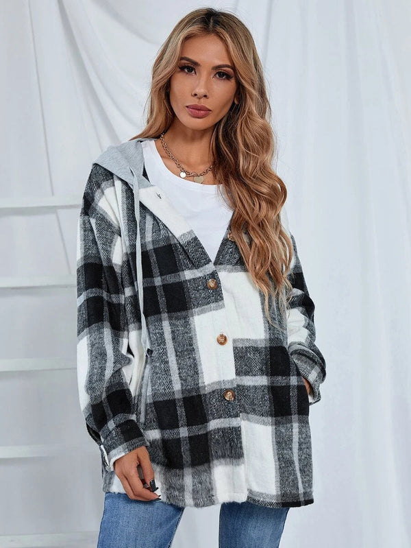 Hooded Drawstring Button Down Jacket Top