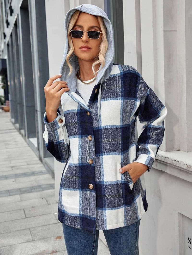 Hooded Drawstring Button Down Jacket Top
