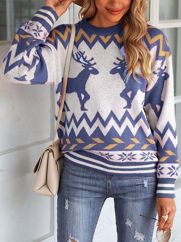 Christmas Reindeer Print  Round Neck Knit Sweaters