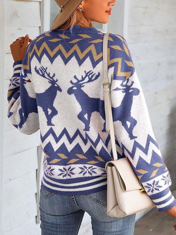 Christmas Reindeer Print  Round Neck Knit Sweaters