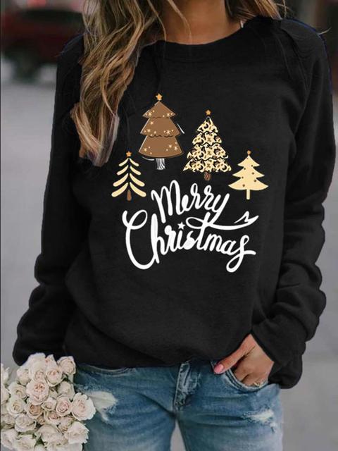 Christmas Tree Letter Print Crew Neck Pullover