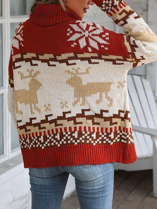 Color Block Christmas Reindeer Print High Neck Sweater