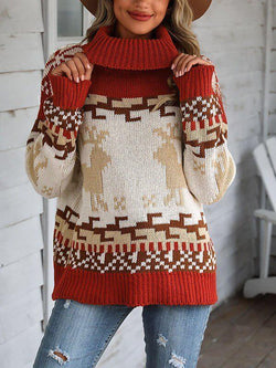 Color Block Christmas Reindeer Print High Neck Sweater