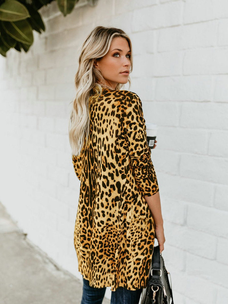 V-neck Long Sleeves Leopard Printed Button Blouse Top