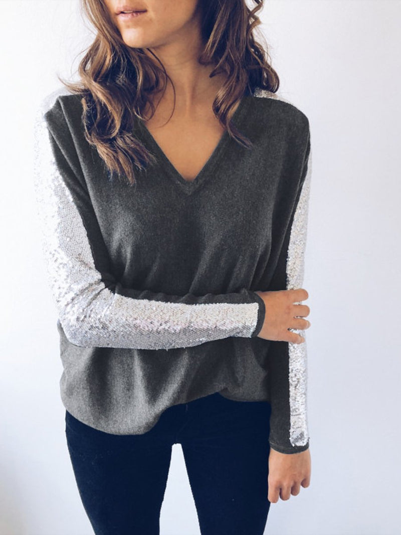 V-neck Stitching Sequin Top