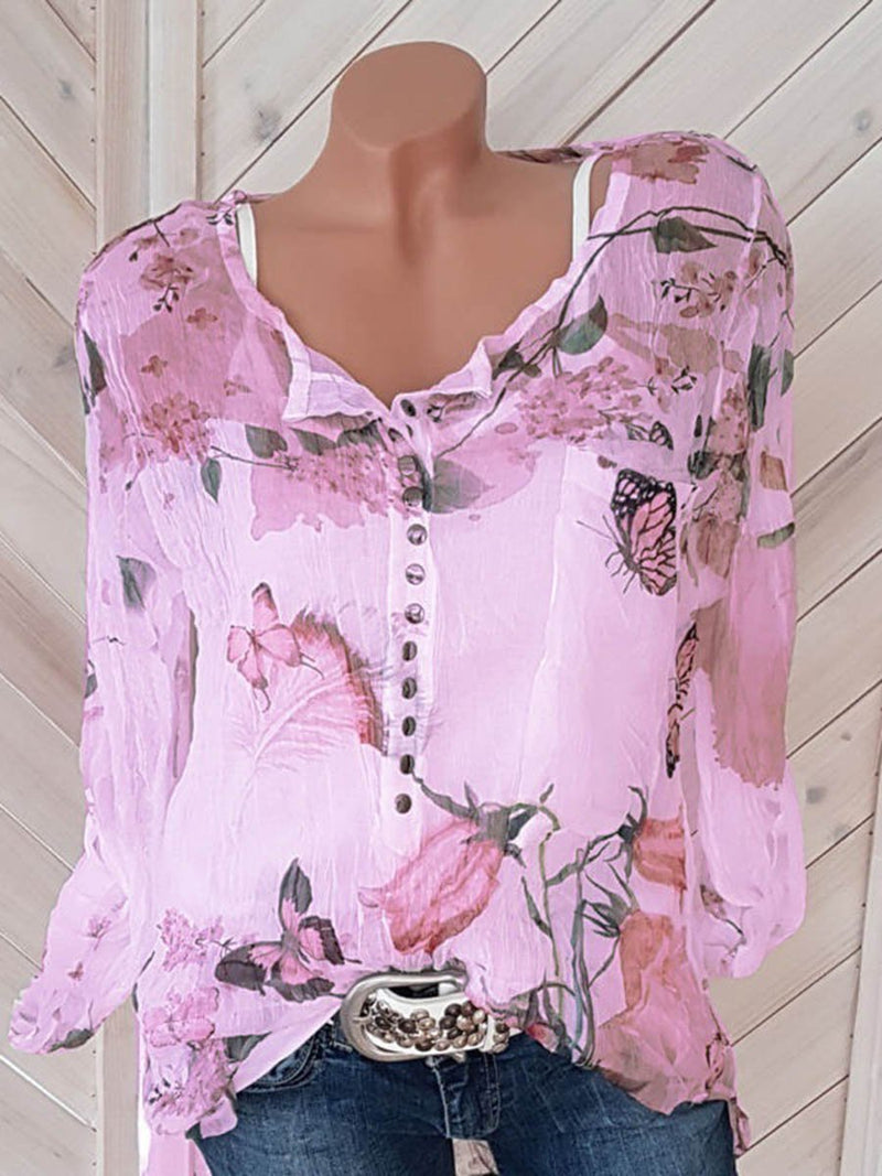 Floral Breeze V-neck Buttons Long Sleeves Shirt Top