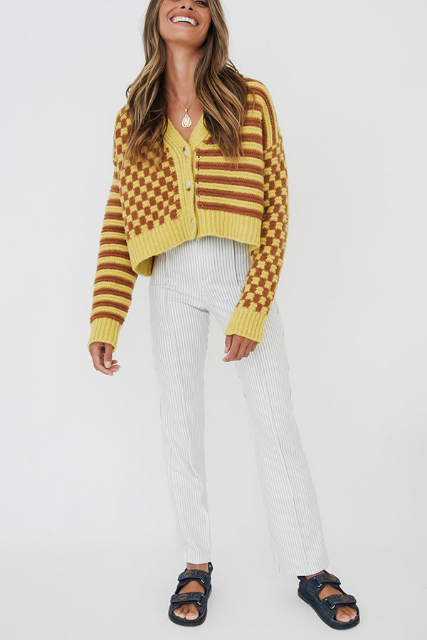 Another Life Stripe Check Mixed Cardigan
