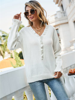 Button Up V Neck Long Sleeve Casual Sweater