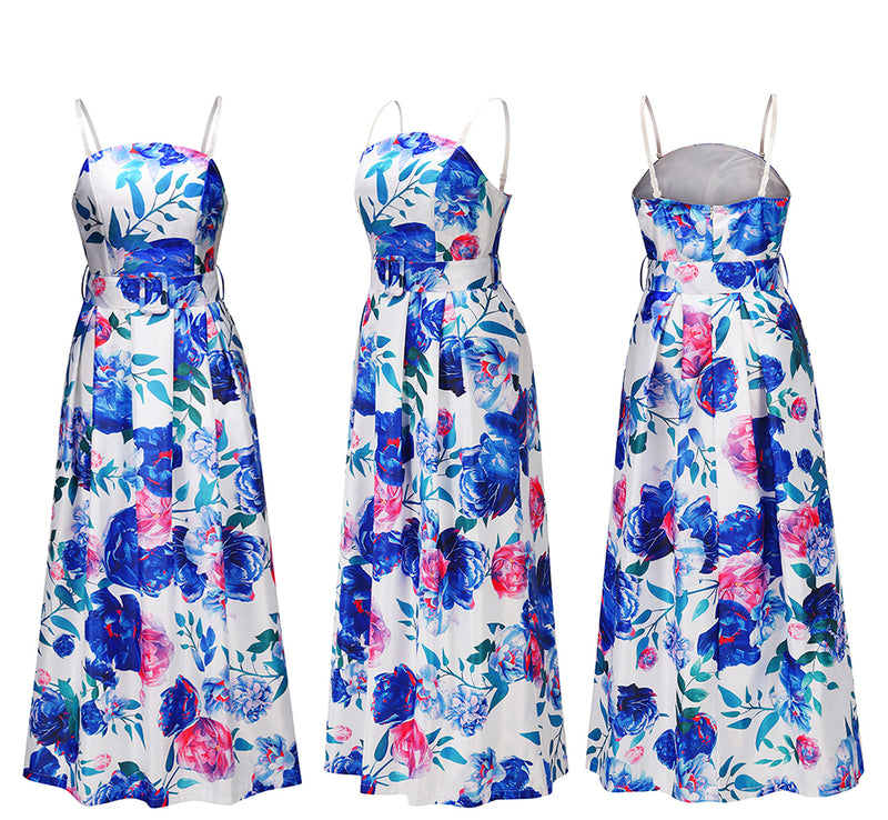 Spaghetti Strap Floral Sleeveless Long Blue Maxi Dress