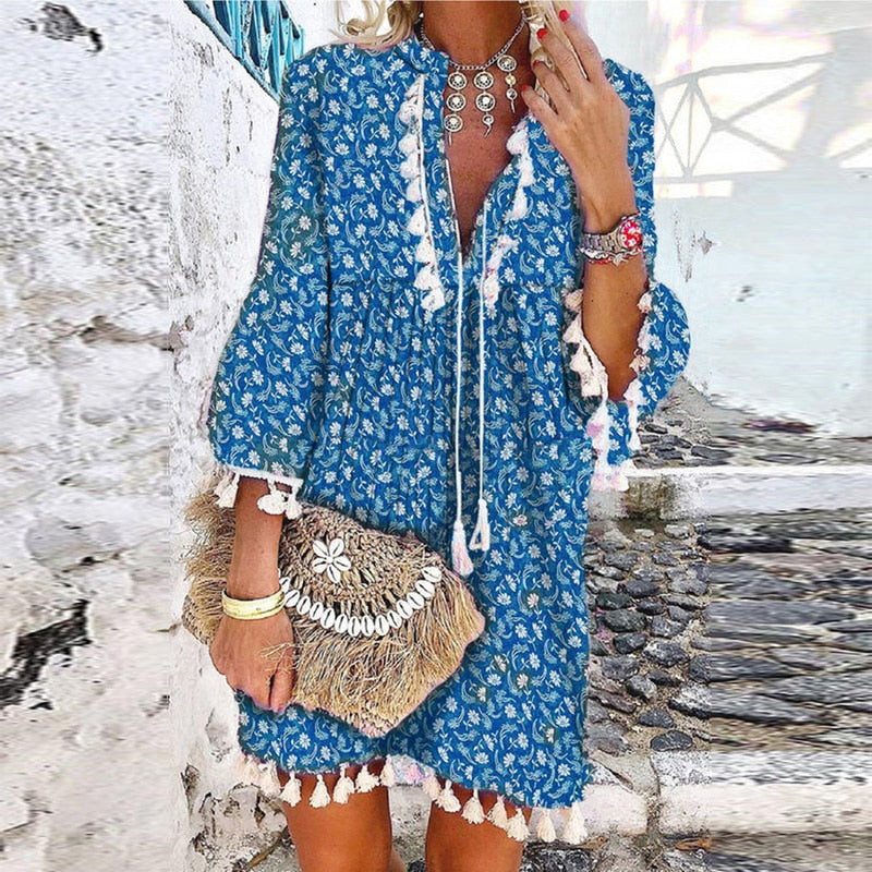 Tassel Beach V Neck Vintage Floral Print Dress