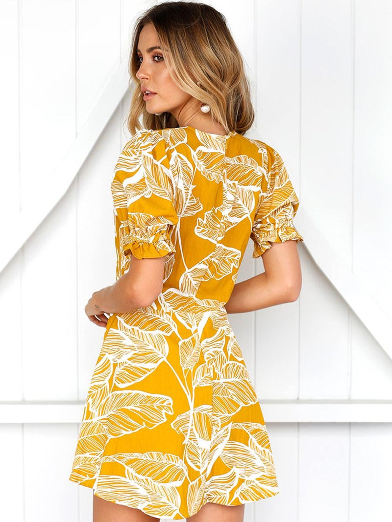 Yellow Short Sleeve Deep V-neck Mini Dress
