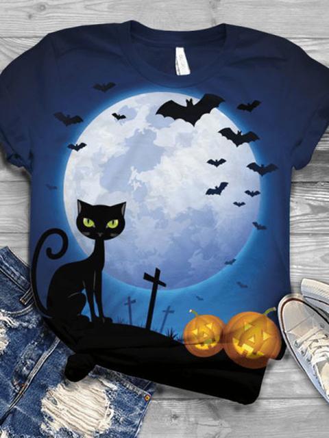 Halloween Moon Cat Pumpkin Print T-shirt