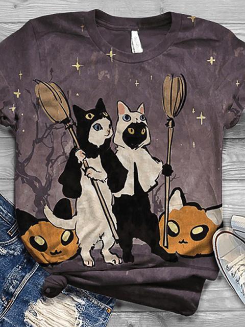 Halloween Cat God Pattern Print T-shirt
