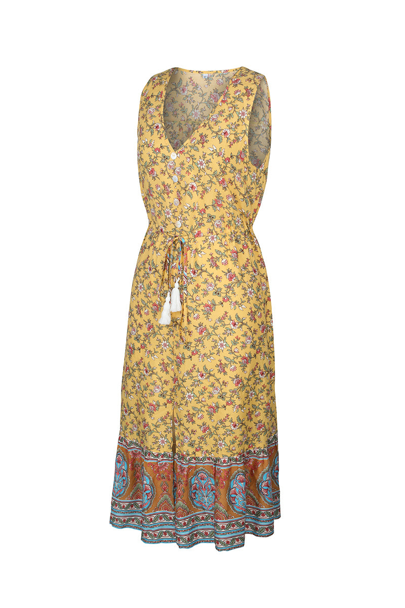 Sleeveless V Neck Flower Print Long Maxi Dress