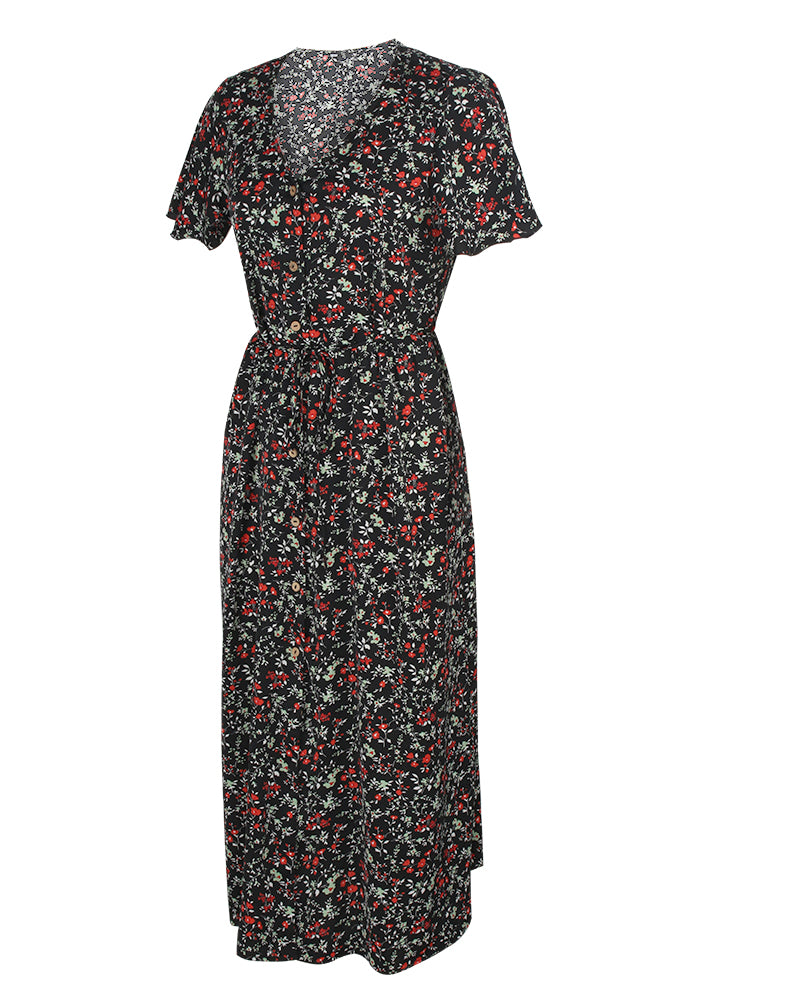 Floral Print V Neck Short Sleeve Ruffle Buttons Dress