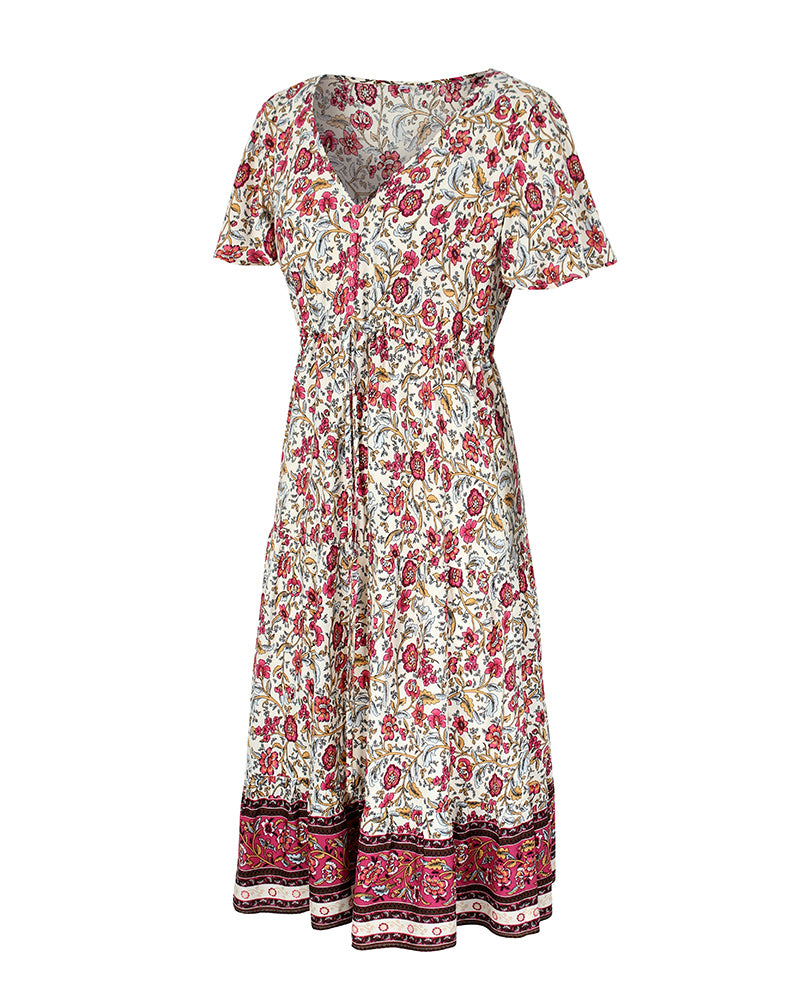 Short Sleeve Floral V Neck Midi Dress