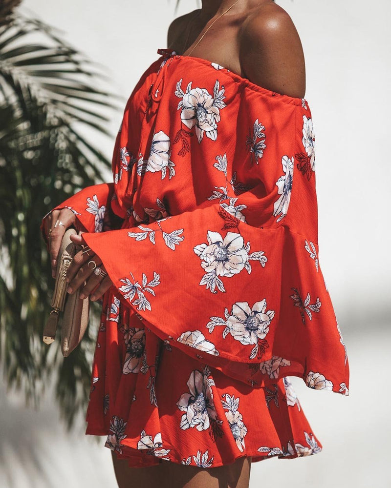 Red Flowers Printed Off Shoulder Mini Dress