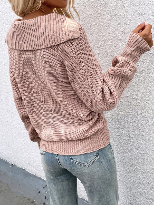 Collar V Neck Long Sleeve Loose Knitted Sweater