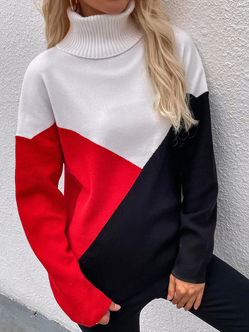 Turtleneck Long Sleeve Knit Color Block Sweater