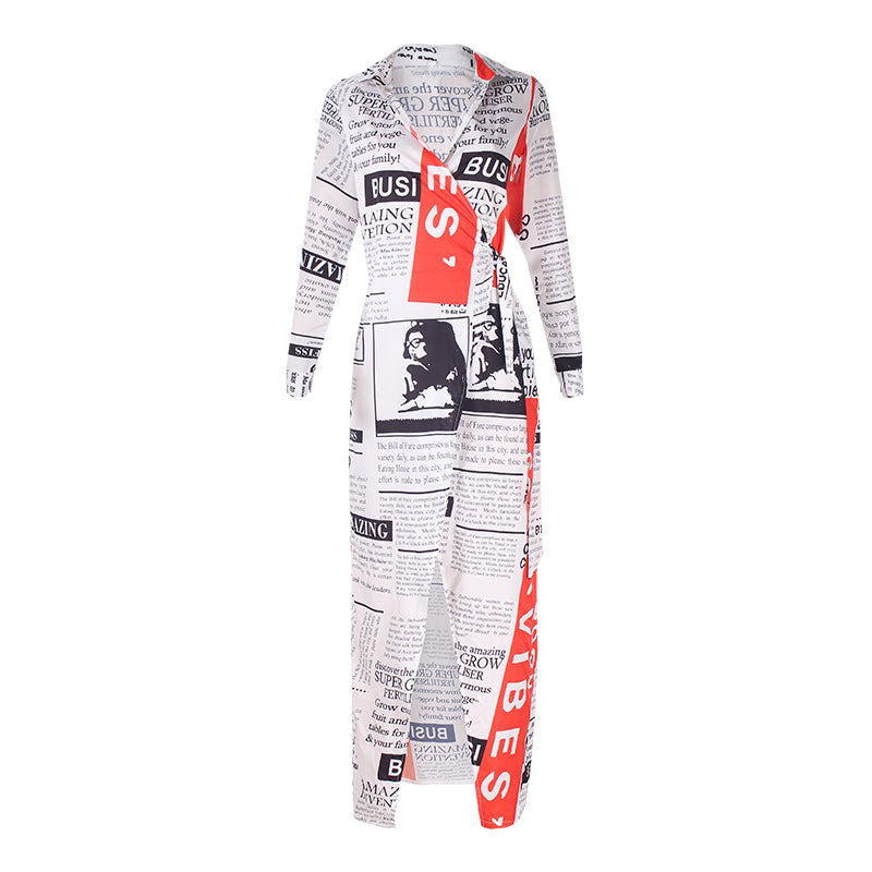 Long Sleeve V Neck Side Graphic Split Maxi Dress