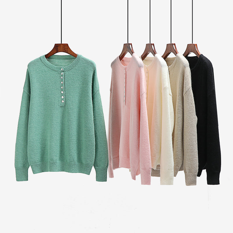 Button Up Crew Neck Knit Sweater Top