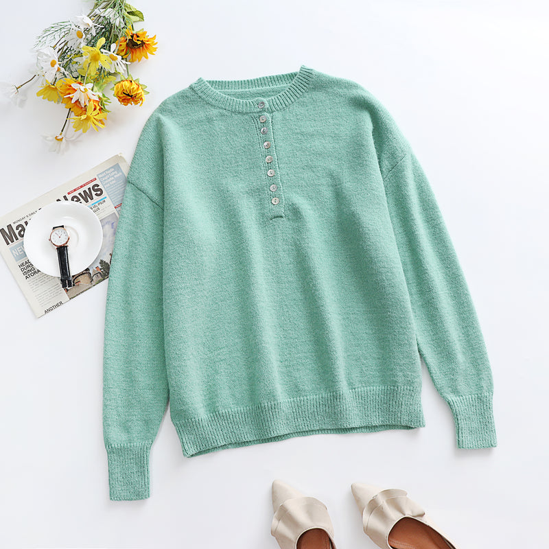 Button Up Crew Neck Knit Sweater Top