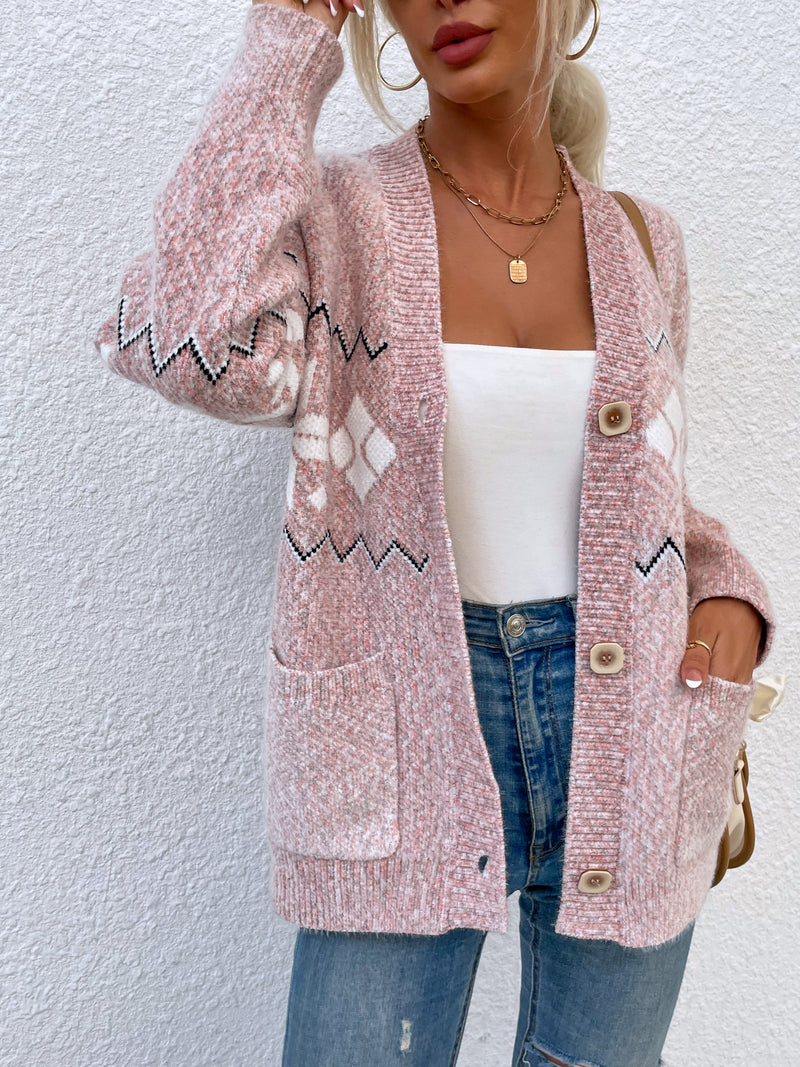 Printed Buttoned Knitted Long Sleeve Sweater Cardigan