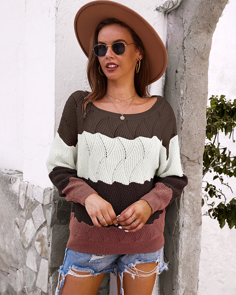 Off Shoulder Knit Color Block Casual Sweater