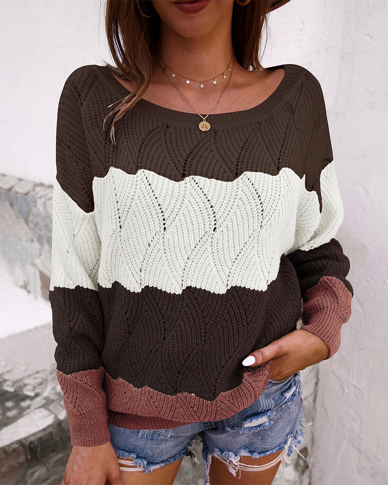 Off Shoulder Knit Color Block Casual Sweater