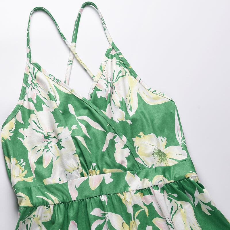 Deep V Neck Floral Adjustable Spaghetti Strap Sleeveless Dress