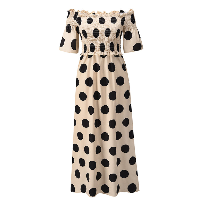 Short Sleeve Off Shoulder Dot Printed Long Maxi Dress