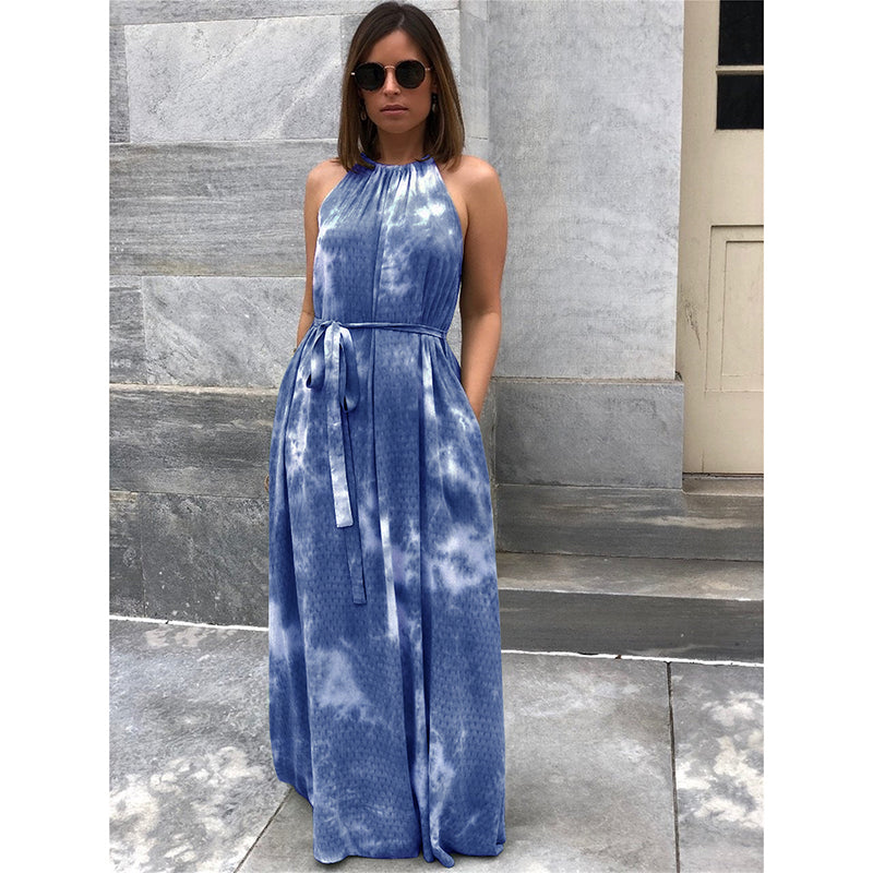 Halter Neck Sleeveless Casual Backless Maxi Dress with Belt