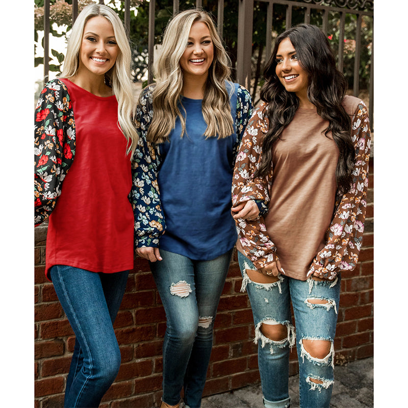 Floral Long Sleeve Round Neck Tops