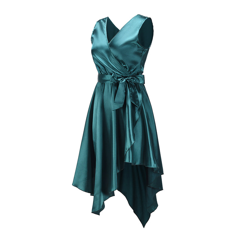 Sleeveless V Neck Wrap Front Side Tie Midi Dress