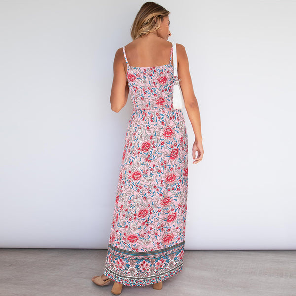 Sleeveless Floral Backless Adjustable Sphagetti Strap Maxi Dress