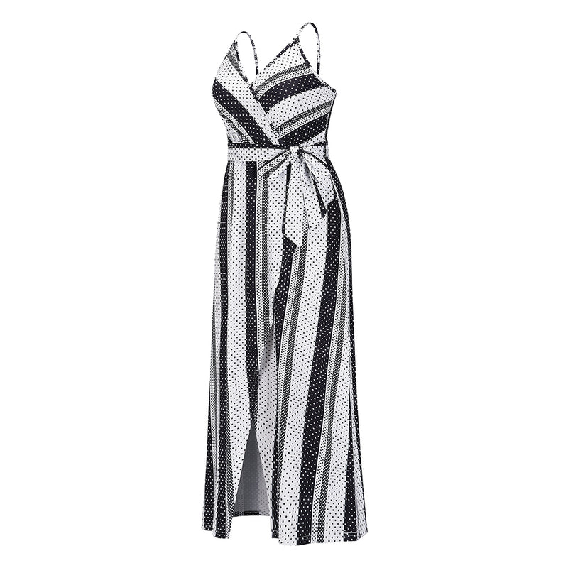 Spaghetti Strap Tie Waist Front Split Floral Maxi Dress
