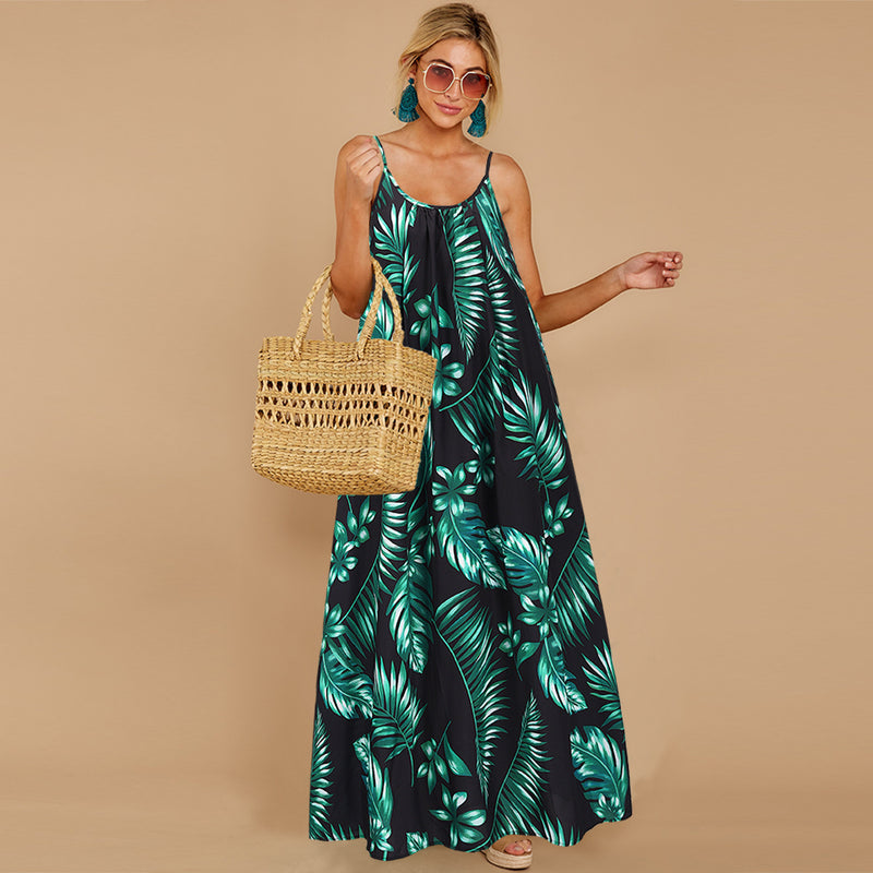 Spaghetti Strap Sleeveless Long Leaf Print Maxi Dress