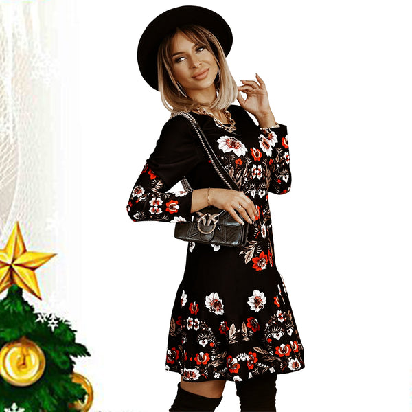 Casual Round Neck Long Sleeve Floral Mini Dress