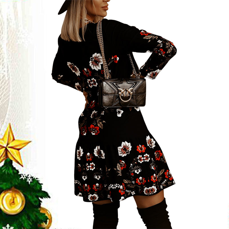 Casual Round Neck Long Sleeve Floral Mini Dress