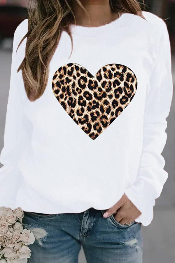 Leopard Heart Print Round Neck Sweatshirts