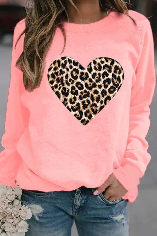 Leopard Heart Print Round Neck Sweatshirts